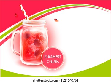Smoothies in a clear cocktail jar.Vector image for summer smoothie advertising, fruit sales.Drink with a straw,a cherry.Pink beverage in a mason Jar Glass.