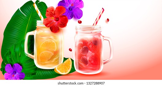 Smoothies in a clear Cocktail Jar.Vector image for Summer Smoothie advertising, Fruit sales.Vector Tropical Hibiscus.