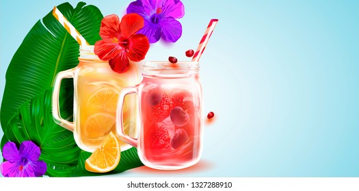 Smoothies in a clear Cocktail Jar.Vector image for Summer Smoothie advertising, Fruit sales.Vector Tropical Hibiscus.