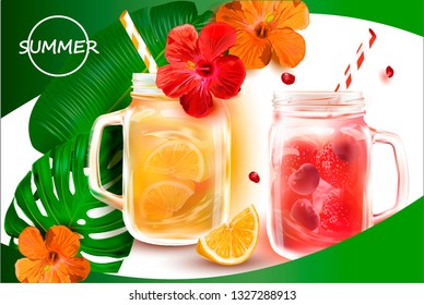 Smoothies in a clear Cocktail Jar.Vector image for Summer Smoothie advertising, Fruit sales.Vector Tropical Hibiscus.