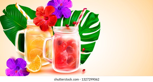 Smoothies in a clear Cocktail Jar.Vector image for Summer Smoothie advertising, Fruit sales.Vector Tropical Hibiscus.