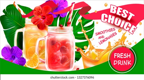 Smoothies in a clear Cocktail Jar.Vector image for Summer Smoothie advertising.Vector Tropical Hibiscus.Lemon.Best choice.