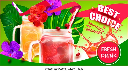 Smoothies in a clear Cocktail Jar.Vector image for Summer Smoothie advertising.Vector Tropical Hibiscus.Drink with a straw.Cherry.Lemon.Best choice.