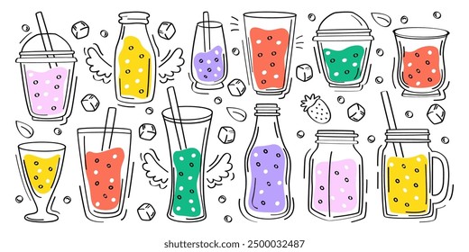 Smoothies cocktails in different cups vector illustration. Juices, lemonades, summer beverages, glasses and jugs drawing sketch set. Detox diet healthy food, refreshment drinks menu collection