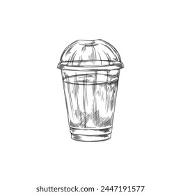 Smoothies cup engraved hand drawn vector illustration. Jar, bottle or glass with dome cover lid for cocktails, juice or water beverages. Disposable takeaway drink container black sketch