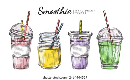 Smoothies Tassen mit Strohhalmen graviert handgezeichnete Vektorgrafik Set. Glas, Flasche oder Glas mit Deckel für Cocktails, Gemüse-, Obst- oder Beerensaft-Getränke. Getränkebehälter zum Mitnehmen bunte Skizze