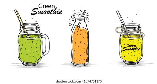 Smoothies or detox cocktail day poster in doodle style. Set of hand drawn ingredients for a cocktail or detox drink in a mason cup or jar. Healthly food. Vector illustration Great for poster, banner.