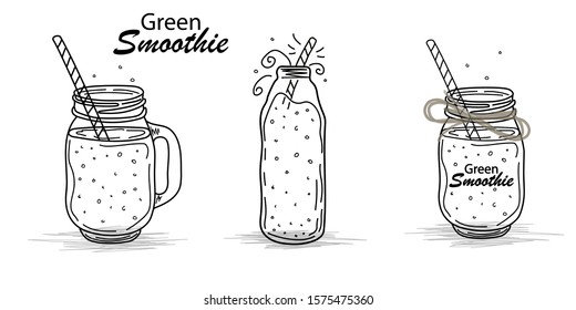 Smoothies or detox cocktail day poster in doodle style. Set of hand drawn ingredients for a cocktail or detox drink in a mason cup or jar. Healthly food. Vector illustration Great for poster, banner.