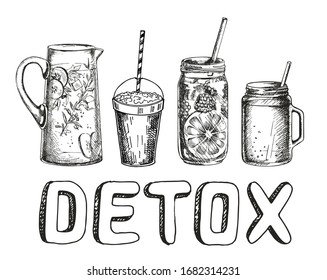 Smoothies or detox cocktail day poster in sketch style. Set of hand drawn ingredients for a cocktail or detox drink in a mason cup, jar or jug. Healthy food. Vector illustration  for poster, banner.