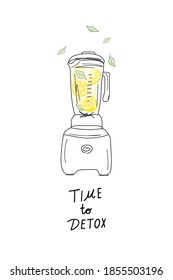 Smoothies or detox cocktail day poster in doodle style. Food processor, mixer, blender with fruits and berries. Lemon. Healthly food. Vector illustration hand-drawn. 