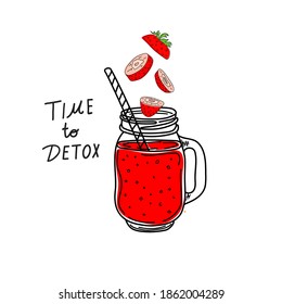 Smoothies or detox cocktail day poster in doodle style. Set of hand drawn ingredients for a cocktail or detox drink in a mason cup or jar. Healthly food. Vector illustration Great for poster, banner.