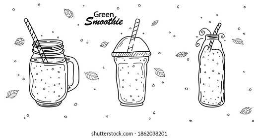 Smoothies or detox cocktail day poster in doodle style. Set of hand drawn ingredients for a cocktail or detox drink in a mason cup or jar. Healthly food. Vector illustration Great for poster, banner.