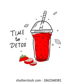Smoothies or detox cocktail day poster in doodle style. Set of hand drawn ingredients for a cocktail or detox drink in a mason cup or jar. Healthly food. Vector illustration Great for poster, banner.