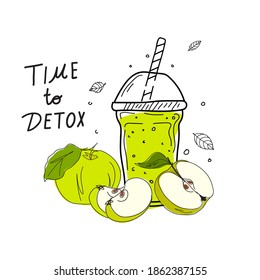 Smoothies or detox cocktail day poster in doodle style. Set of hand drawn ingredients for a cocktail or detox drink in a mason cup or jar. Healthly food. Vector illustration Great for poster, banner.