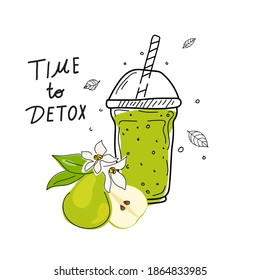 Smoothies or detox cocktail day poster in doodle style. Set of hand drawn ingredients for a cocktail or detox drink in a mason cup or jar. Healthly food. Vector illustration Great for poster, banner.