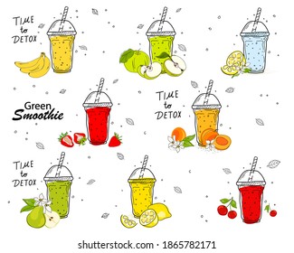 Smoothies or detox cocktail day poster in doodle style. Juice, fresh. Set of hand drawn ingredients for a cocktail or detox drink in a mason cup or jar. Healthly food. Vector illustration.