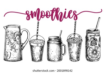 Smoothies oder Entdeckungscocktail-Poster im Skizzenstil. Set handgezeichnete Zutaten für einen Cocktail oder einen Detox-Drink in einer Mason-Tasse, Glas oder Krug. Gesundes Essen. Vektorgrafik für Poster, Banner.