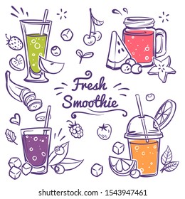 Smoothies. Detox Diet Drinks In Different Bottle, Cup With Fresh Fruit And Berries Strawberry, Cherry And Banana Smoothie Sketch Vector Drinking Menu And Healthy Lemonade In Glass Set