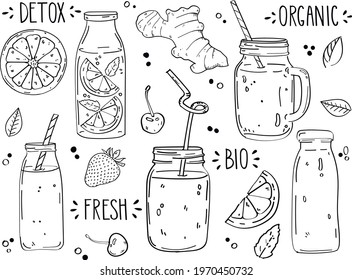 Smoothies. Detox diet drinks in a different bottle, cup with fresh fruit and berries strawberry, cherry and ginger smoothie sketch vector drinking menu and healthy lemonade in glass set