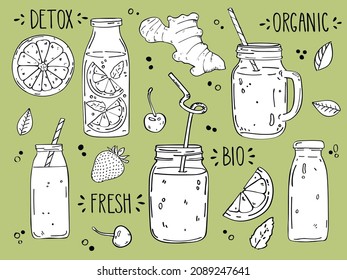 Smoothies. Detox diet drinks in a different bottle with strawberry, cherry, and ginger sketch vector