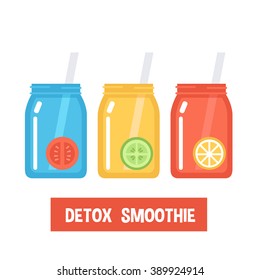 Smoothies for detox diet. Vector Flat smoothies icons isolated on white background. Colorfull jars with tomato smoothie, lemon smoothie, cucumber smoothie.