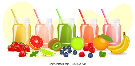 Smoothies with fresh fruits and berries. Fresh fruits, healthy food, detox, vegan concept. Isolated vector illustration.