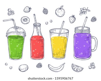 Smoothies. Fruit healthy juice, sketch drinks. Doodle green beverage, detox fresh cocktails and lemonade. Vector isolated diet shakes set