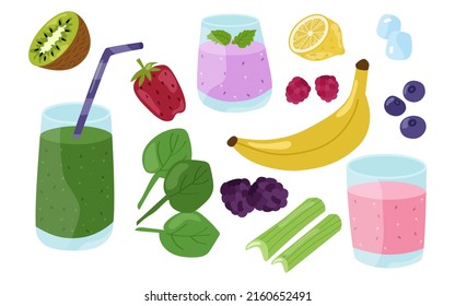 Smoothies, fruits, berries and herbs, a bright colorful summer set. Vector illustration of healthy drinks, strawberries, spinach, blackberries, raspberries, lemon, lime, celery, ice, blueberries.