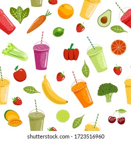 Smoothies and fruits seamless pattern. Cute summer seamless vector pattern background illustration with smoothies and fresh fruits