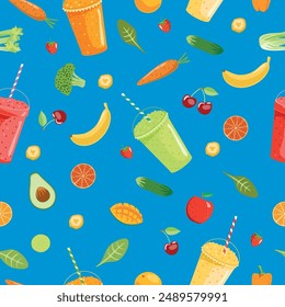 Smoothies and fruits seamless pattern. Cute summer seamless vector pattern background illustration with smoothies and fresh fruits