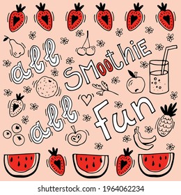 Smoothies, fruits and slogan on a pink background.
