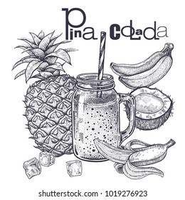 Smoothies. Healthy diet food. Fruit for the preparation of Pina Colada and drink in the jar. Pineapple, bananas and coconut. Black and white. Hand drawing. Vintage engraving. Vector illustration art