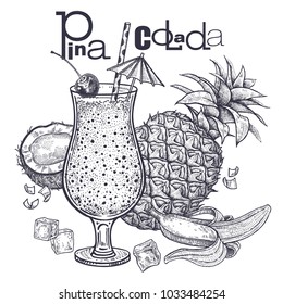 Smoothies. Healthy diet food. Fruit for the preparation of Pina Colada and drink in goblet. Pineapple, bananas and coconut. Black and white. Hand drawing. Vintage engraving. Vector illustration