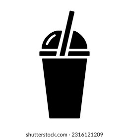 Smoothies icon, black silhouette on white. Takeaway drink in plastic cup with dome lid and straw. Vector element or logo of minimalist design, illustration of non-alcoholic beverage or fast food.