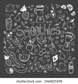 Smoothies and ingredients for smoothies on gray background