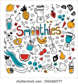 Smoothies and ingredients for smoothies on a white background made in the technique of hand draw