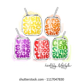 Smoothies in a jars. Bright text. Healthy lifestyle