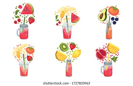 Smoothies in Jars and Glasses with Straw and Floating Around Ingredients Vector Set
