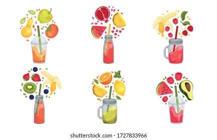 Smoothies in Jars and Glasses with Straw and Floating Around Ingredients Vector Set