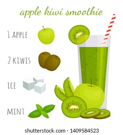 Smoothies with kiwi, apple, mint and ice. Recipe for a refreshing drink with ingredients. Cocktail vector tip.