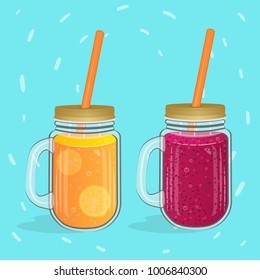 Smoothies and lemonade. summer drinks in  jar cartoon vector illustration.