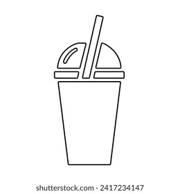 Smoothies line icon, black outline on white. Takeaway drink in plastic cup with dome lid and straw. Vector clipart sign or logo of simple design, illustration of non-alcoholic beverage or fast food.