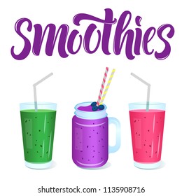 Smoothies menu template with vector glasses and jar of smoothie, and lettering sign.