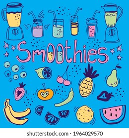 Smoothies, mixers, ingredients for smoothies on a blue background.