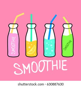 Smoothies. Orange, berry, banana, green smoothie. Organic fruit shake smoothie. Flat design. Vector illustration.