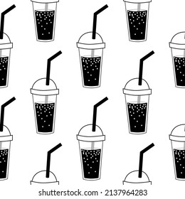 Smoothies seamless black and white pattern. Flat vector illustration