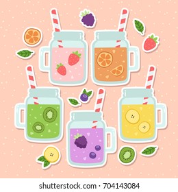 Smoothies. Set of cute cartoon vector illustrations. Non-alcoholic beverages: juice, lemonade, orange juice. 