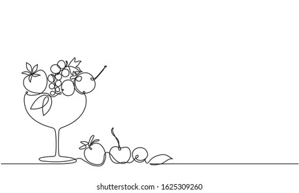 Smoothies with summer berries. Dessert with strawberries, cherries, currants. Glass and fruit. Continuous line drawing. Vector sketch