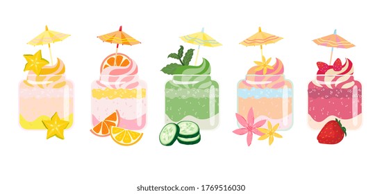 Verano suave
postres, coloridos, saludables y alegres con toallas de paraguas. Dulce, verduras, verde, bayas y sabor a cítricos. Ilustración plana del vector sobre fondo horizontal aislado blanco