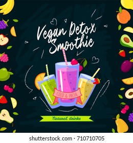 Smoothies time. Vector illustration with different smoothies and fruits on black background. Smoothie detox vegan, fresh and cold beverage